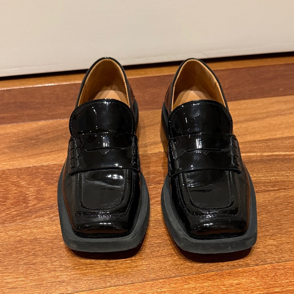 Ganni Black Patent Leather Square-Toe Penny Loafers